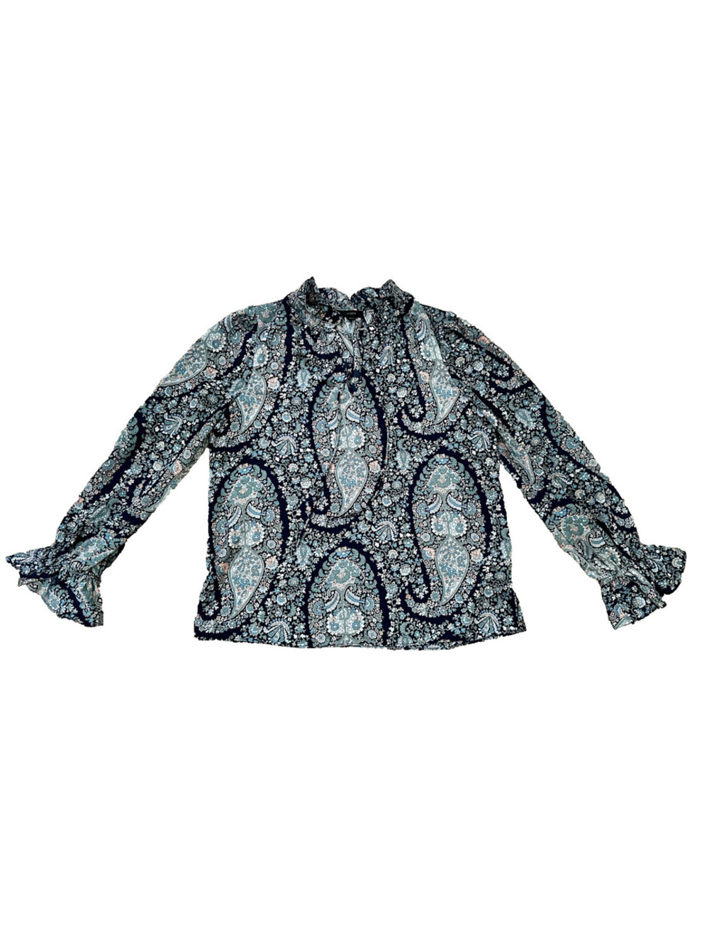 J. Crew J Crew Blue Black Paisley Print Blouse Long Sleeves V-Neck Ruffle S